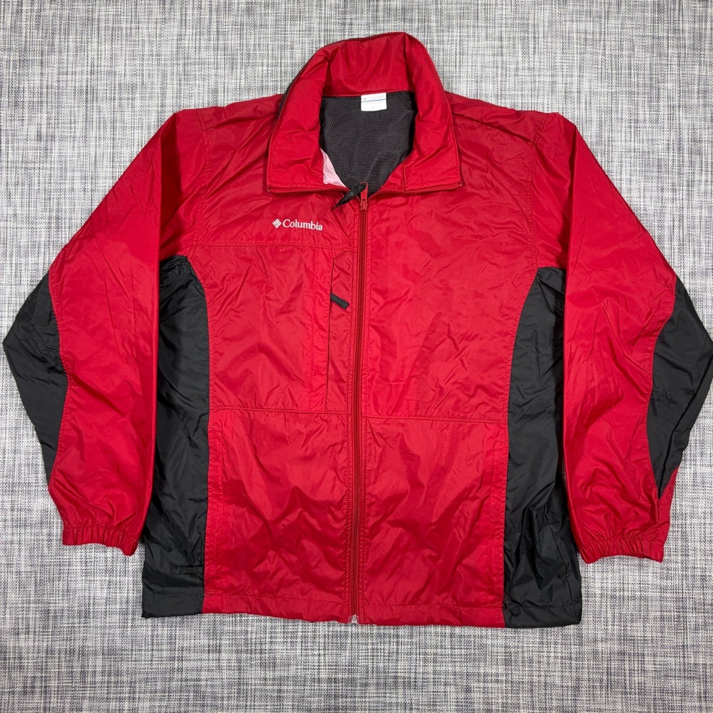 Columbia Mens Riffle Spring Windbreaker Jacket Red Black Nylon Stow Hood Size L